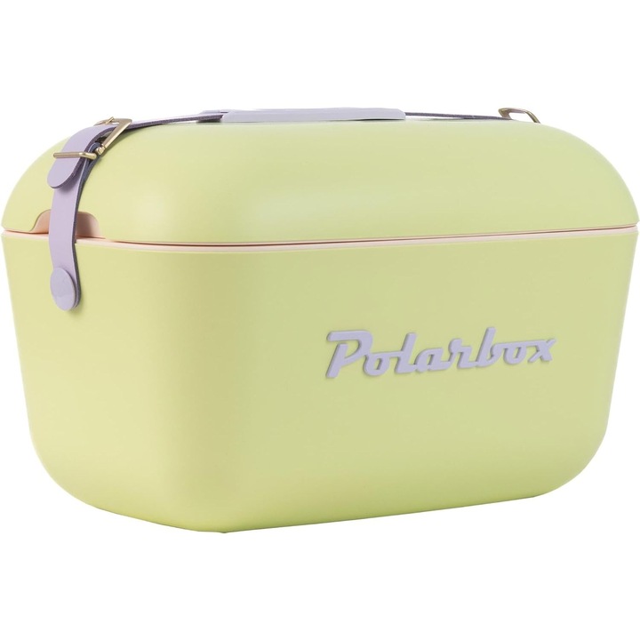 Хладилна кутия Polarbox, Pop, капацитет 12 литра, ретро дизайн, поддържа напитките и храната студени, идеална за пикник/плаж/туризъм, херметично затваряне, кожена каишка, лайм зелено