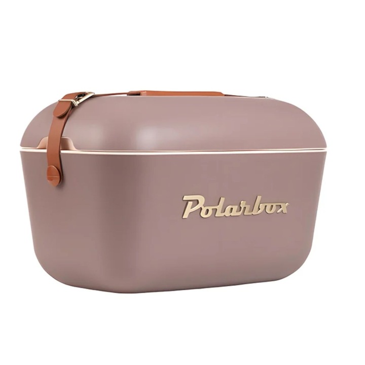 Хладилна кутия Polarbox, злато, капацитет 12 литра, ретро дизайн, поддържа напитките и храната студени, идеална за пикник/плаж/туризъм, херметично затваряне, кожена каишка, сив