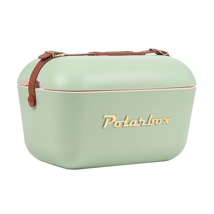 Хладилна кутия Polarbox, злато, капацитет 20 литра, ретро дизайн, поддържа напитките и храната студени, идеална за пикник/плаж/туризъм, херметично затваряне, кожена каишка, пастелно зелено