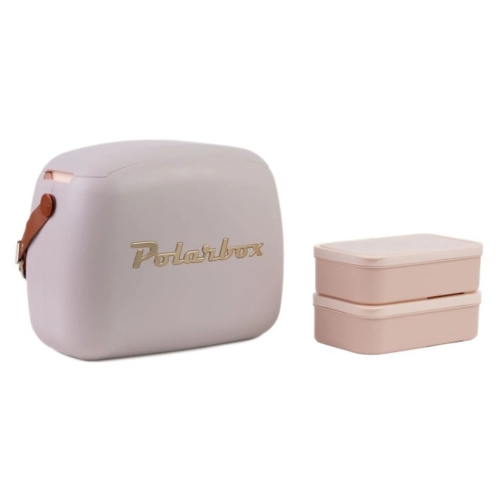 Хладилна кутия Polarbox, злато, 6 литра капацитет, включва 2 гювечета, ретро дизайн, запазва напитките и храната студени, идеална за пикник/плаж/туризъм, херметично затваряне, кожена каишка, бежов