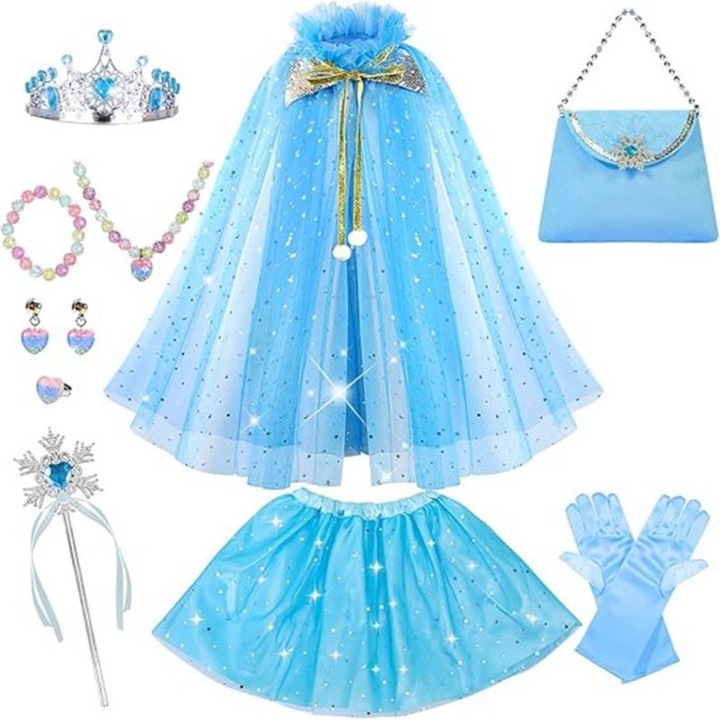 Set printesa Frozen, 12 piese, accesorii incluse, 80cm, albastru