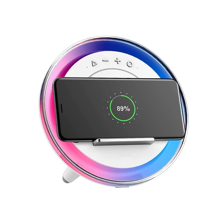 Incarcator wireless, 4 in 1, RGB, Bluetooth, Muzica, 12W, alb