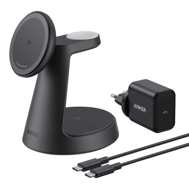 Anker MagGo 3-в-1 MagSafe Qi2 15W Магнитно безжично зарядно устройство (зарядно устройство и кабел са включени), черно