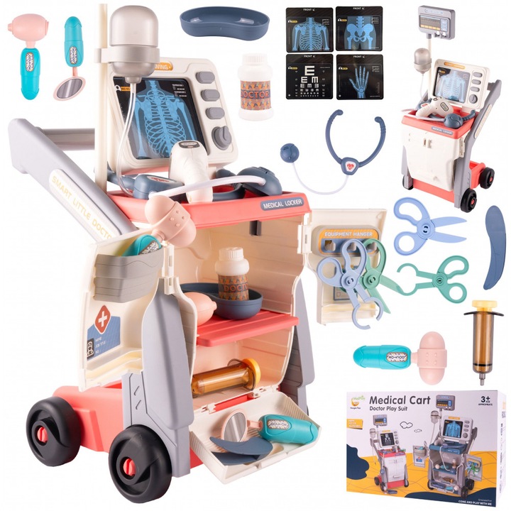 Set de doctor cu carucior medical pe roti, cu monitor x-ray, cu Stetoscop, termometru, seringa si instrumente medicale pentru copii, 56.5 x 23 x 20 cm