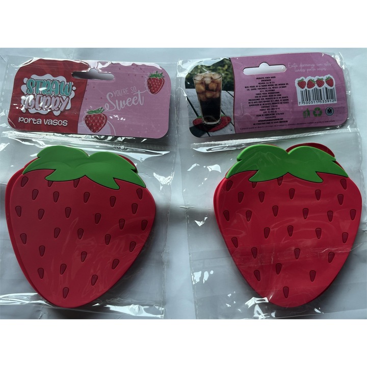 Suport pentru Pahar, Model Capsuna, PVC, Dimensiuni 10x12 cm, Rosu