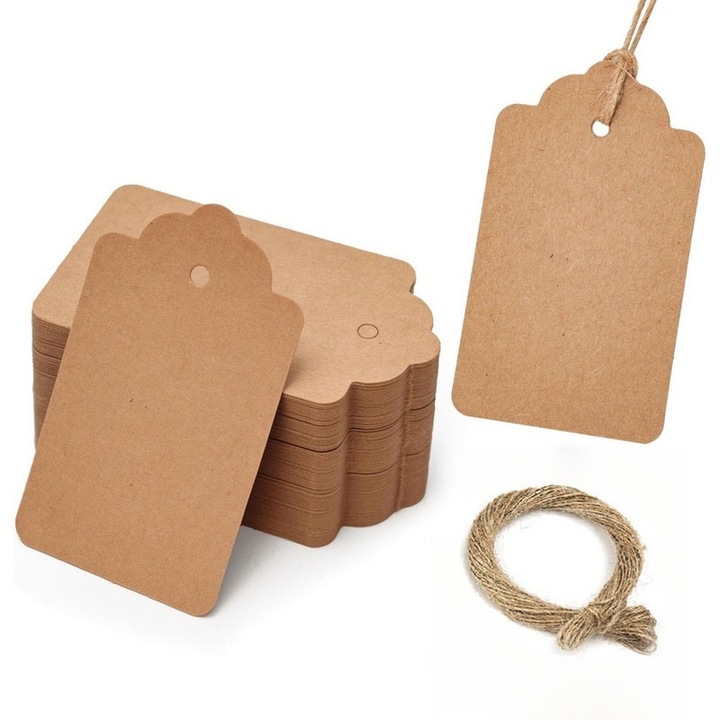 Set de 100 etichete decorative cu sfoara, Ronyes, 3x5cm, maro