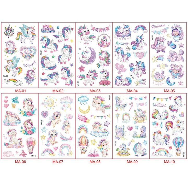 Set de autocolante pentru tatuaje cu sclipici Unicorn, multicolor