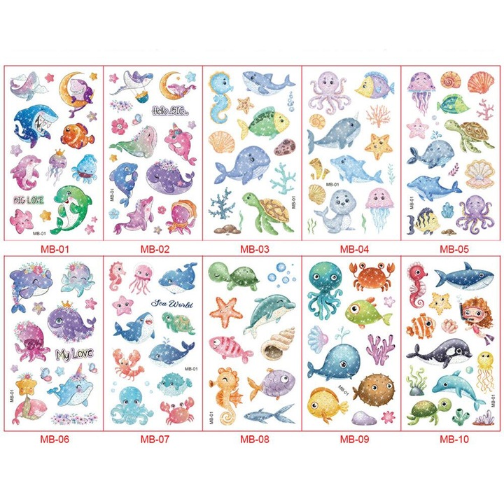 Set tatuaje temporare Ocean Glitter, multicolor, pentru baieti si adulti, 3 ani