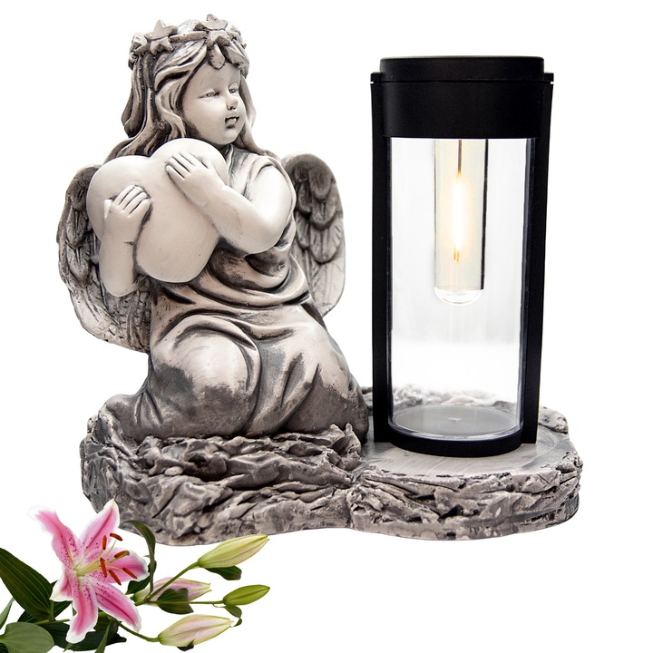 Figurina lampa solara LED, Decortrend, rasina, gri