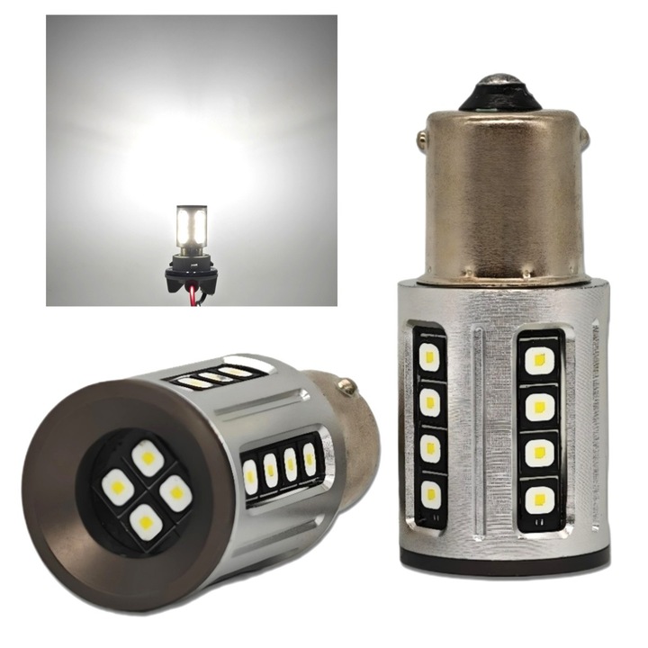 Bec LED auto, motoLEDy, P21W, Set 2 bucati, BA15S, Alb Xenon, 12V, 2600lm, 5500K, CANBUS, fara eroare, fara polaritate, unghi de iluminare 360 grade, compatibilitate universala, durata de viata 50.000 ore, pentru pozitie, DRL, marsarier
