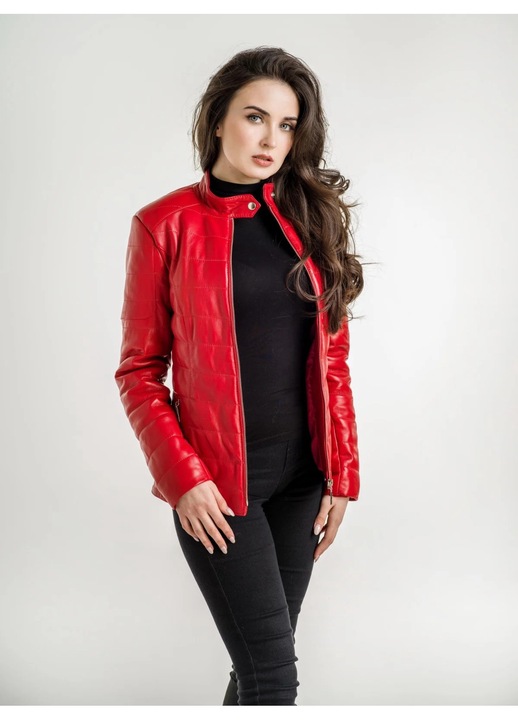 Geaca din piele naturala rosie Ariela cu fermoar si cusaturi, marimea 40