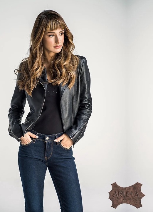 Geaca Ariela din piele naturala sport cu rever simplu, fermoare si capse, culoare neagra, marimea 42