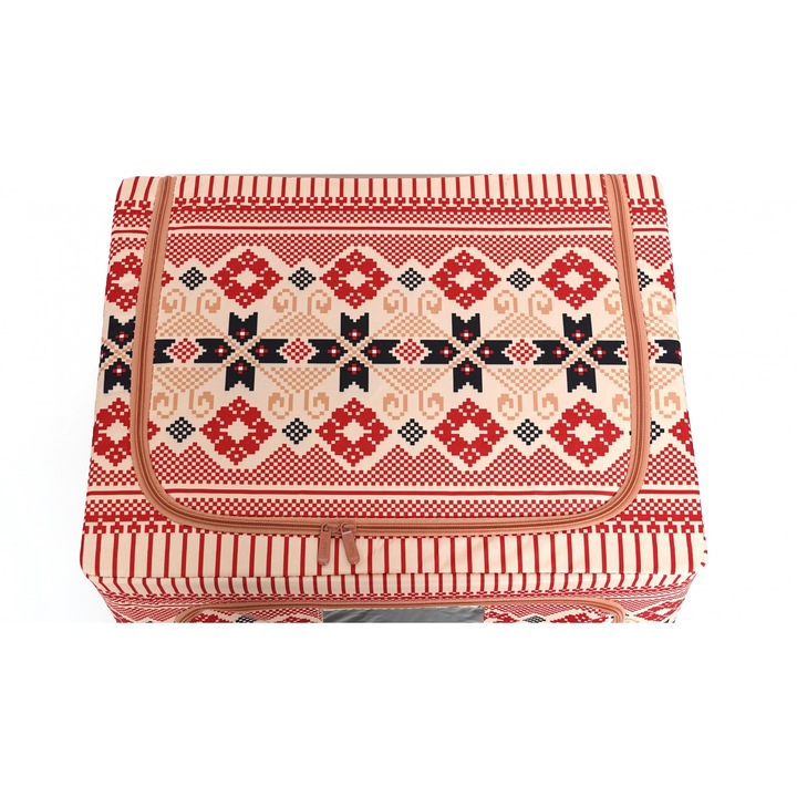 Cutie de Depozitare Pliabila, OEM, 100 L din Bumbac si In, 60X42X40 cm, Fereastra Frontala, 2 Usi de Acces cu Fermoar Bidirectional, Cadru Metalic, Suport Baza Stabil din Plastic, Motiv Traditional Model 1