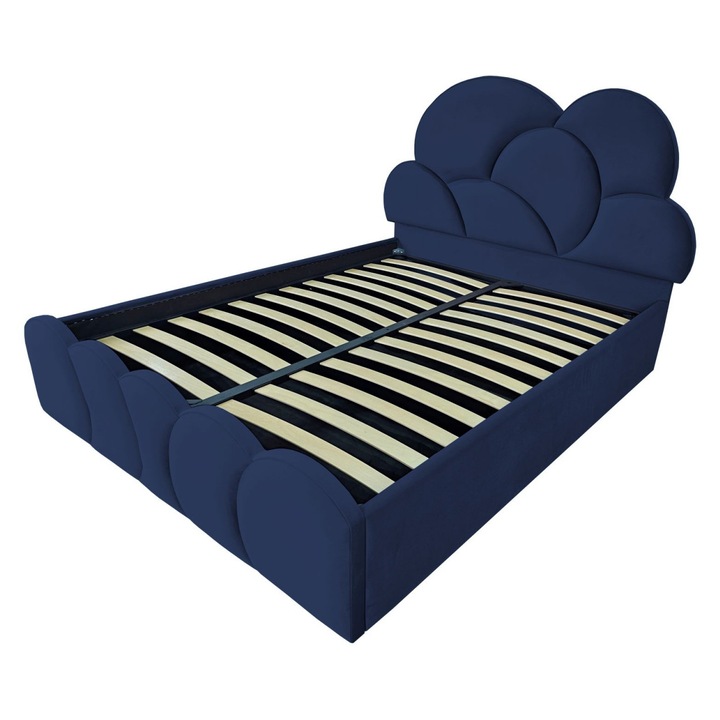 Pat tapitat Bliss,160x200cm, somiera metalica rabatabila, spatiu depozitare, bleumarin