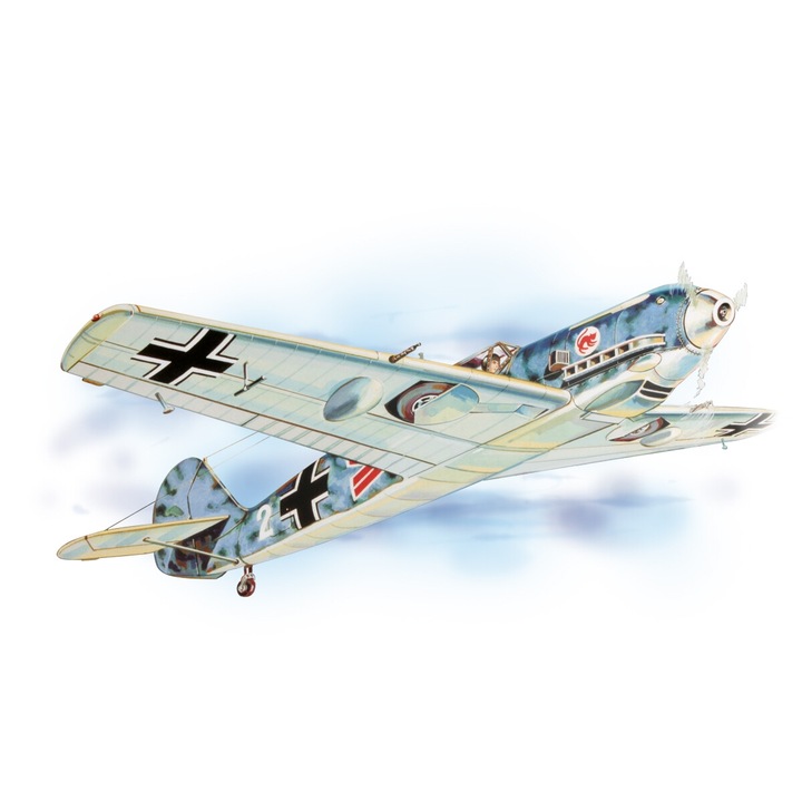 Guillow Messerschmitt Bf-109 modellrepülőgép, 619 mm, lézerrel vágott alkatrészekkel, rugós motorral