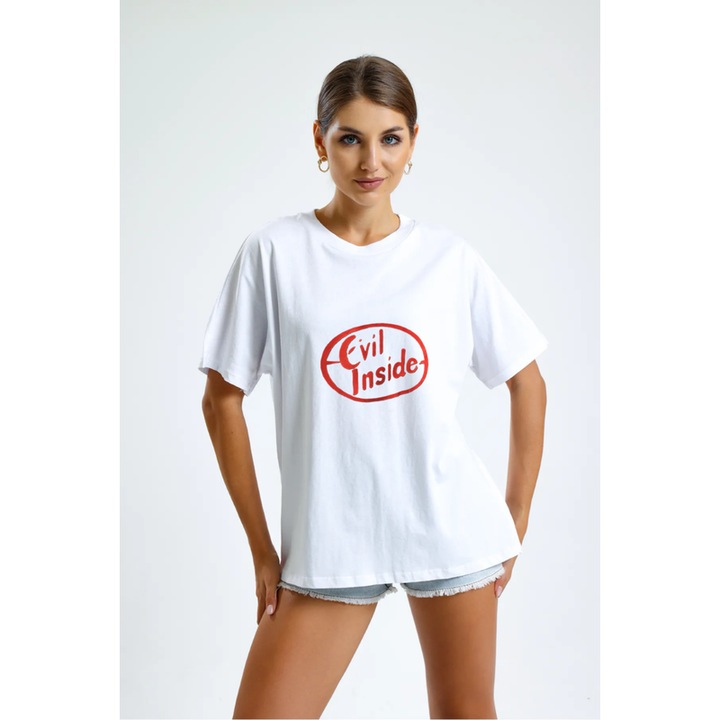 Tricou personalizat pentru femei Vexor, bumbac, alb, design cu mesaj amuzant, Evil Inside XL