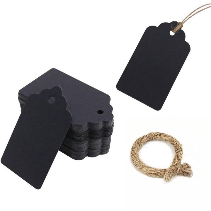 Set de 100 etichete decorative cu sfoara, Ronyes, 3x5cm, negru
