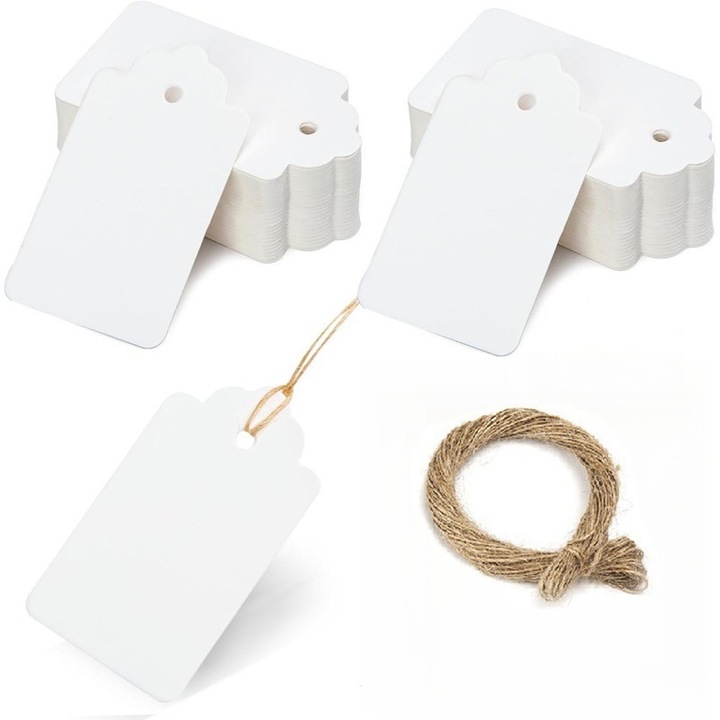 Set de 100 etichete decorative cu sfoara, Ronyes, 3x5cm, alb