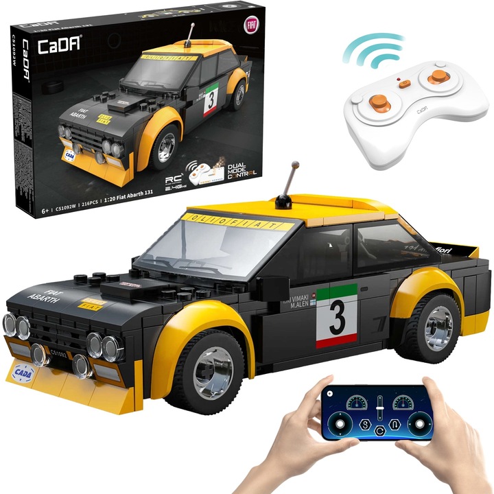 CaDA Építőelemek Távirányítású Versenyautó 20 cm Fekete Fiat Abarth 131 Jármű 216 Darabos RC Kettős Üzemmód