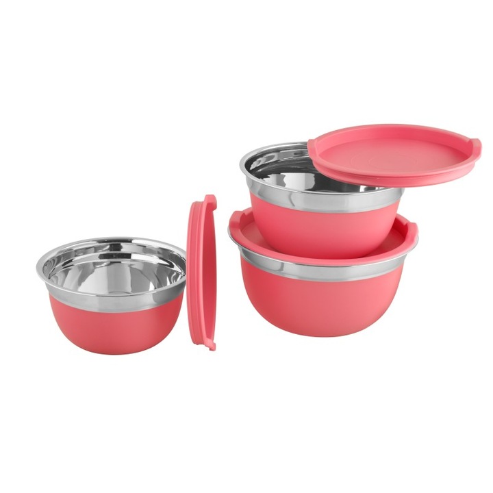 Set 3 boluri inox cu capace plastic, Grunberg, Roz