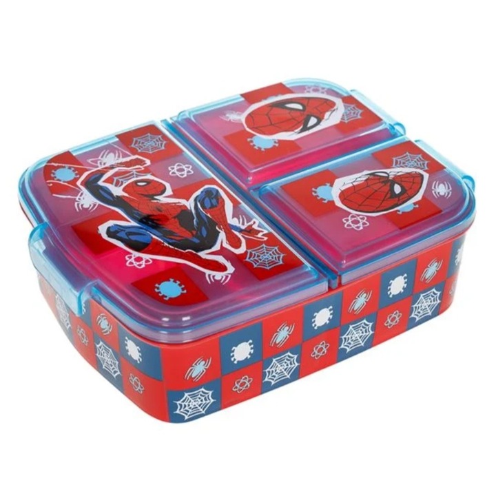 Caserola cu 3 compartimente, Spiderman, plastic, rosu, 500ml, 18x13.5x5.5cm