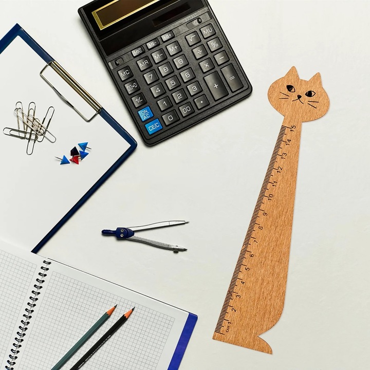 Ruler din lemn cu pisica, 15cm, set de instrumente de geometrie, multicolor, 20x4x1cm