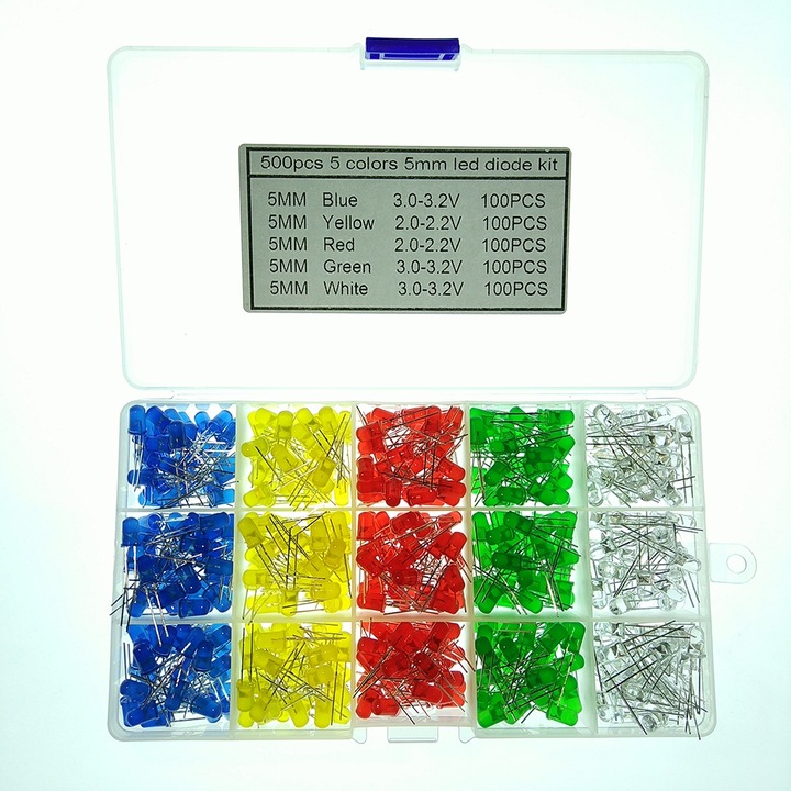 Set 500 bucati diode LED 5mm, Enforose, rosu, galben, albastru, verde, alb
