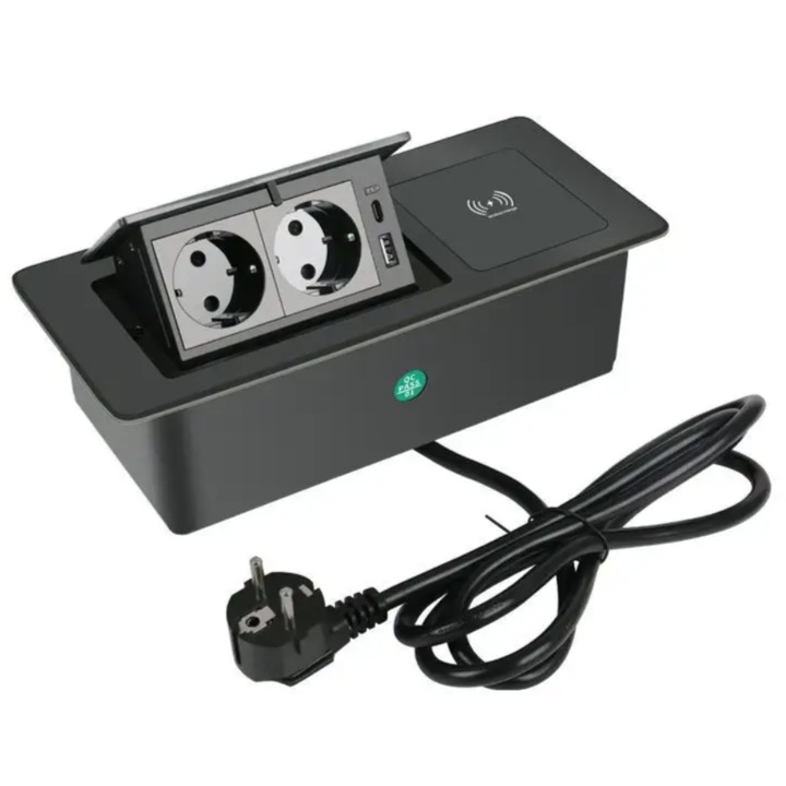 Букса за вграждане Yearninglife за кухненски плот, маса или бюро, 266x118mm, 1 x Type-C, 1 x USB, отваряне с бутон, безжично зареждане, вградена, черна
