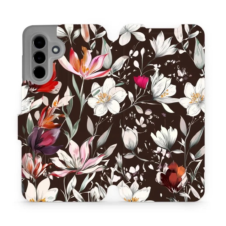 Калъф тип книга Mobiwear за Samsung Galaxy A26 5G, дизайн цветя на кафяв фон, устойчив на удари и надраскване