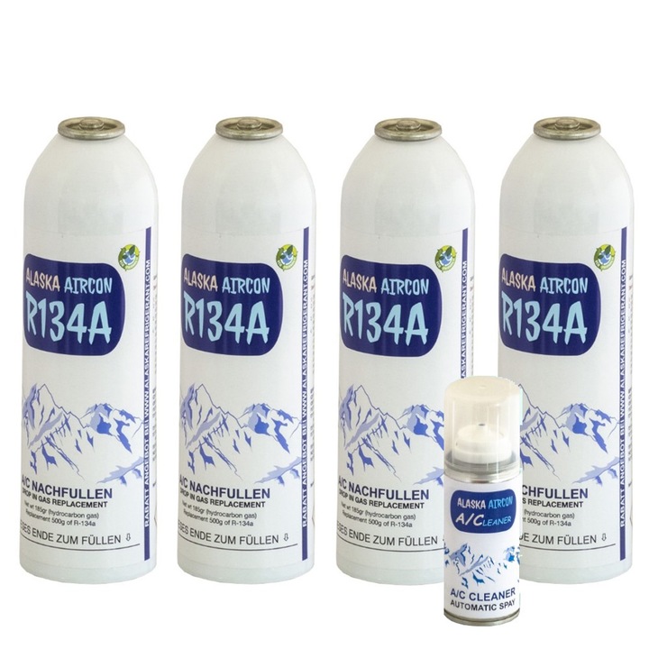 Резерва за газ Alaska Refrigerants R134a, За климатик на превозно средство, 1 спрей за почистване на климатична система, 4 бр
