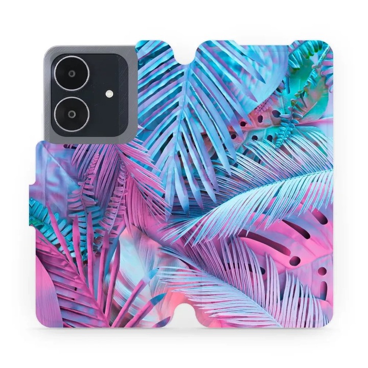 Калъф с обръщане Mobiwear за Realme Note 60, дизайн цветя, виолетов, многоцветен