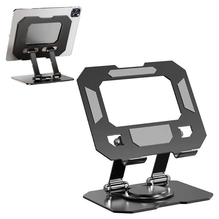 Suport tableta desktop, rotire 360°, ajustabil, pliabil, negru, dimensiuni 15x12.9x3cm