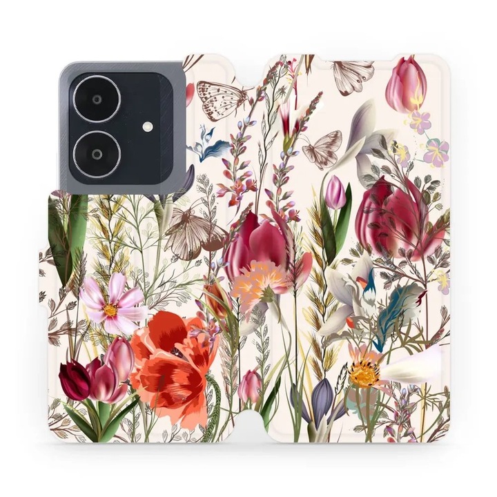 Калъф с флип Mobiwear за телефон, модел Realme Note 60, дизайн цветя, многоцветен, материал екологична кожа