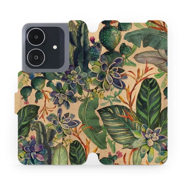 Калъф флип Mobiwear за Realme Note 60, флорален дизайн, удароустойчив, многоцветен