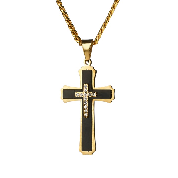 Férfi nyaklánc, 18 karátos aranyozott rozsdamentes acél kereszt medál, cirkónia berakással, parti stílusú, fekete