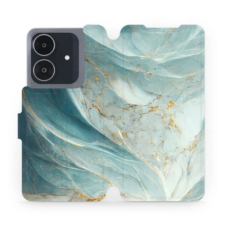 Калъф флип Mobiwear за Realme Note 60, зелен и златист мрамор, устойчив на удари и драскотини, материал от екологична кожа