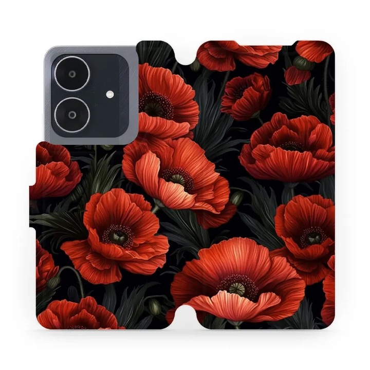 Калъф флип Mobiwear за Realme Note 60, червен с цветя, устойчив на удари и драскотини