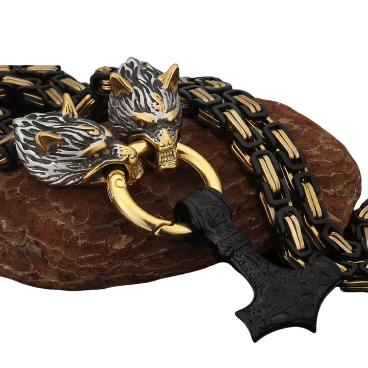 Férfi nyaklánc, farkasfej, viking kalapács amulett, fekete, 60cm, 1 db-os szett