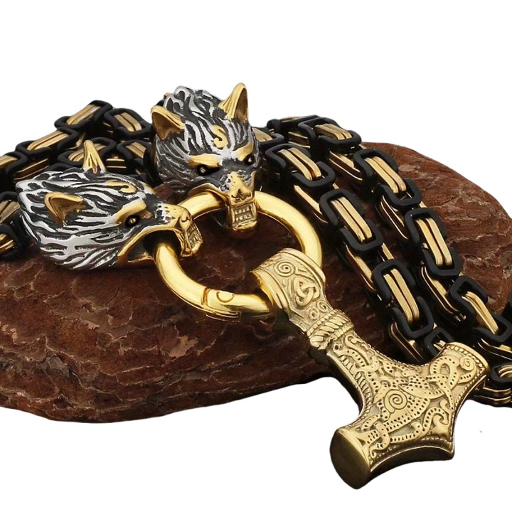 Férfi nyaklánc, retró, farkasfej, ötvözet, arany, 25,59 hüvelyk