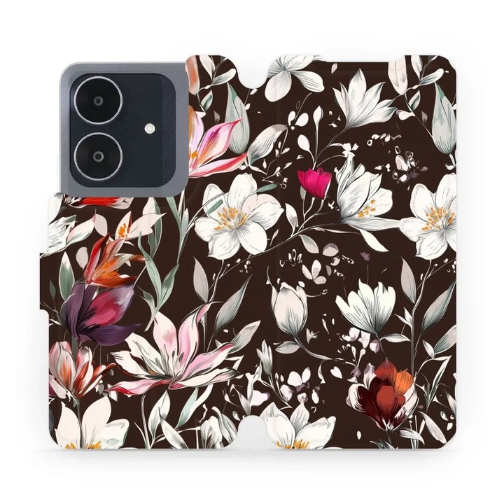 Калъф флип Mobiwear за Realme Note 60, флорален дизайн, кафяв цвят, екологичен материал