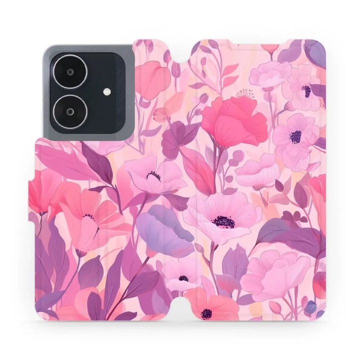 Калъф с обръщане Mobiwear за телефон Realme Note 60, дизайн цветя, устойчив на удари и драскотини, розов, комплект 1 калъф