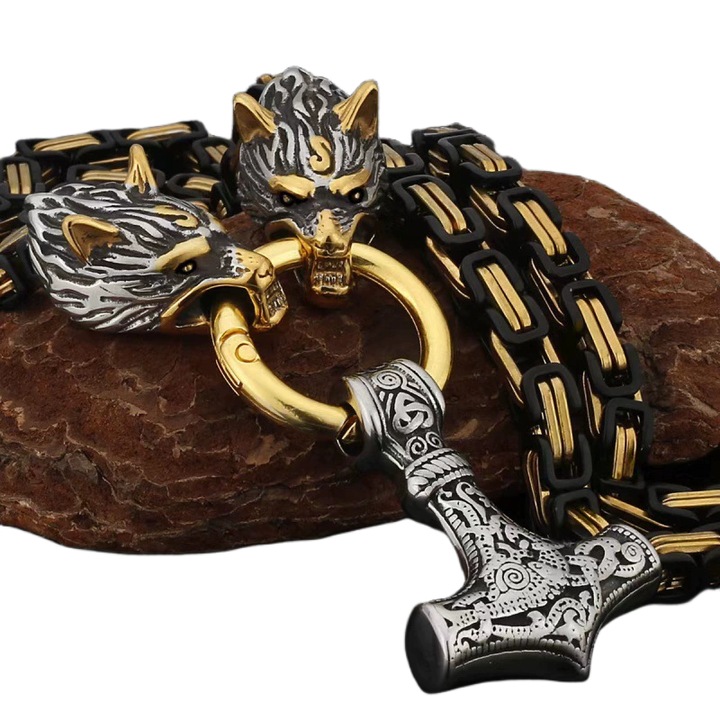 Férfi nyaklánc, farkasfej, északi amulett, 23,62 hüvelyk, ezüst