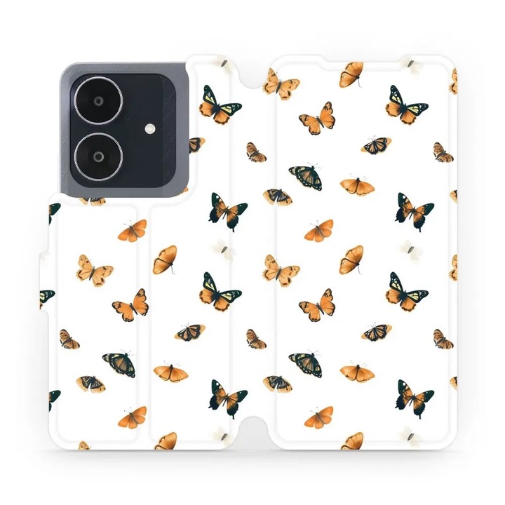 Mobiwear флип калъф за Realme Note 60, дизайн с оранжеви пеперуди, устойчив на удари и надрасквания, многоцветен