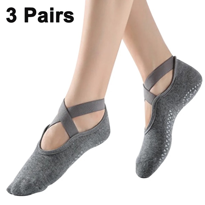 Sosete sport dama, 3 perechi, antiderapante, gri, marime 35-39