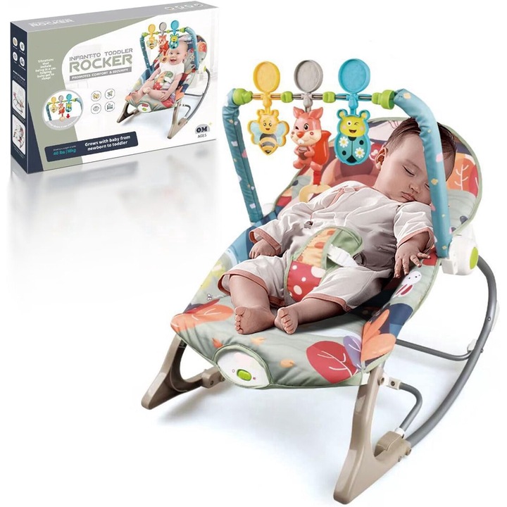 Електрическа Люлка И Столче 3-в-1 За Бебета VisionHub, Мултифункционална С Музика И Успокояващи Вибрации, 3-Точков Колан И Регулируема Облегалка, Играчки На Дъга, Сваляща Се Тапицерия, 0-18 кг, Сив, 1 Брой