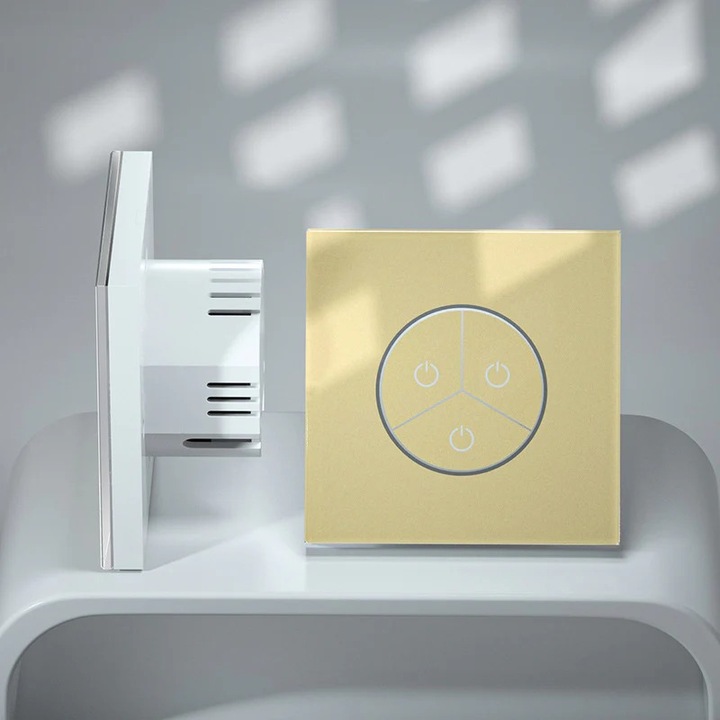 Intrerupator Smart WiFi & Bluetooth, panou din sticla, 3 gang, control Tuya/Alexa/Google, 10A, design modern, instalare usoara, Auriu