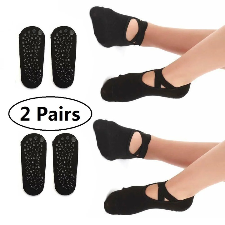 Sosete sport dama, bumbac, cu gripuri antiderapante, negru