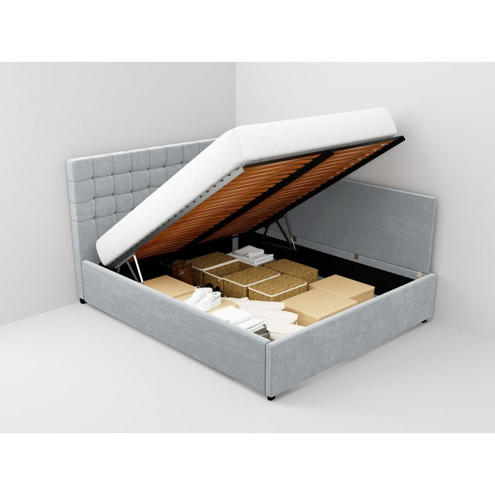 Pat tapitat de colt Monaco, cadru lemn si pal, 140x200 cm, gri, cu somiera rabatabila si lada depozitare