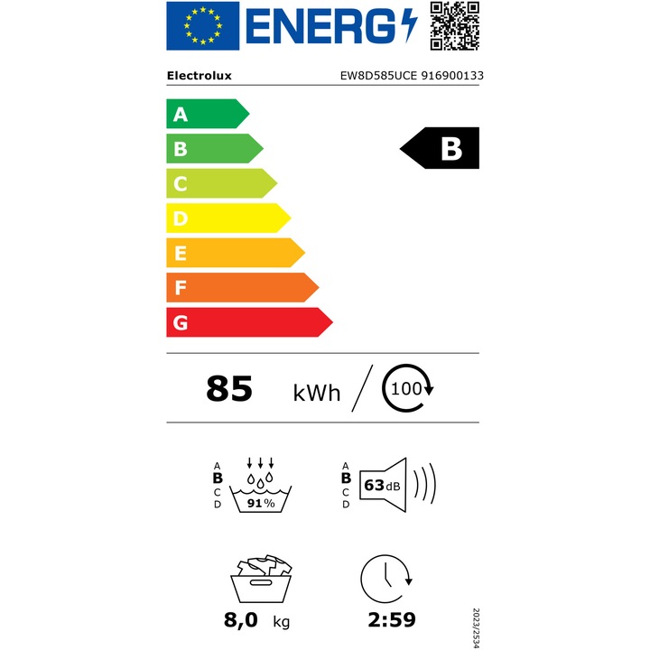 Uscator de rufe Electrolux PerfectCare800 EW8D585UCE, Pompa de caldura, 8 kg, Clasa B, Wi-Fi, Motor Inverter, display TFT, UltraCare, DelicateCare, 3DSense+, SmartSelect, Alb