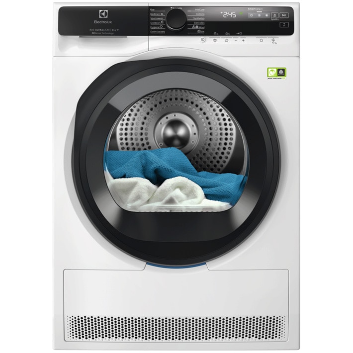 Uscator de rufe Electrolux PerfectCare800 EW8D585UCE, Pompa de caldura, 8 kg, Clasa B, Wi-Fi, Motor Inverter, display TFT, UltraCare, DelicateCare, 3DSense+, SmartSelect, Alb